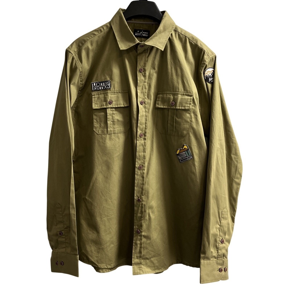 Public Record Shirt Mens Green Button Down L  Hiking Outdoor Camping‎ Patches